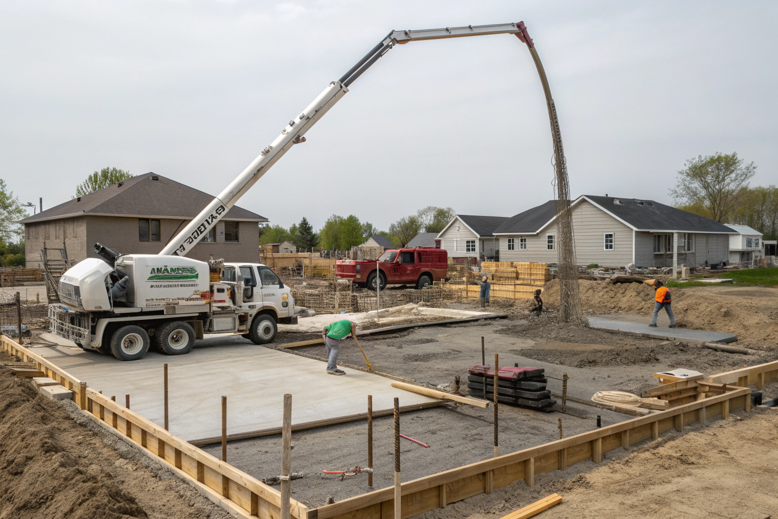 Construction site with a concrete pump truck in position