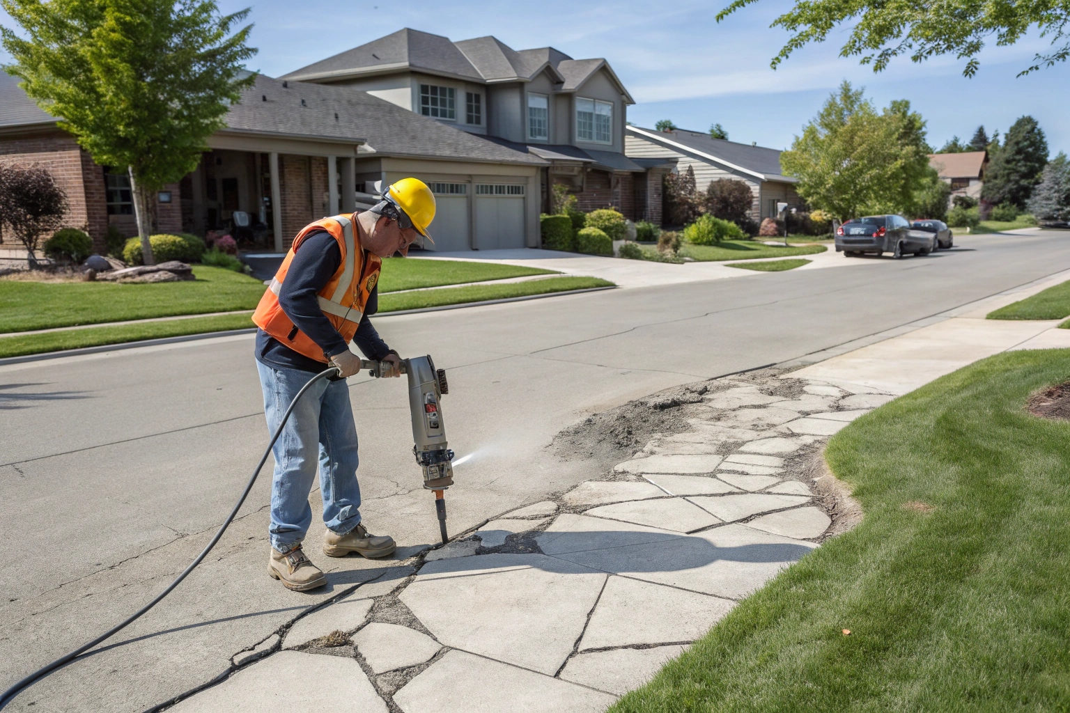Professional concrete breaking services using hydraulic hammer for driveway removal in Logan residential area