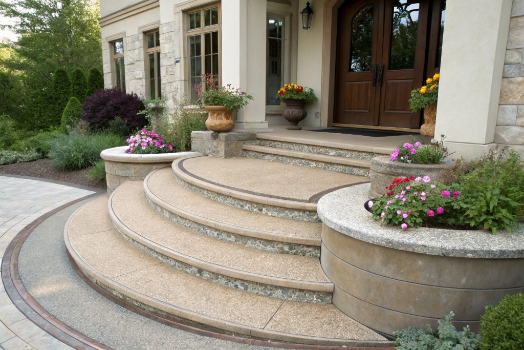 Curved decorative concrete steps with exposed aggregate finish