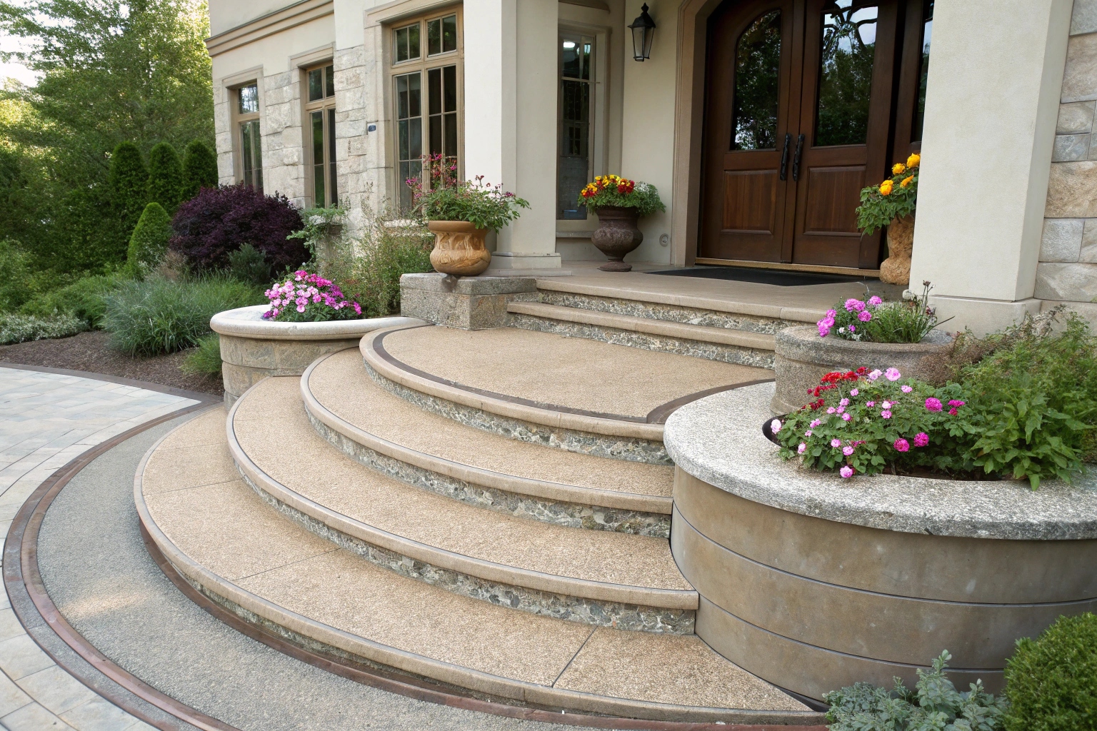 Curved decorative concrete steps with integrated planters in Logan