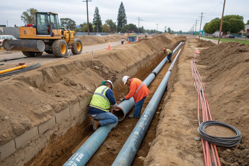 Underground drainage pipes and utility connections being installed during professional site preparation work in Logan clay soil