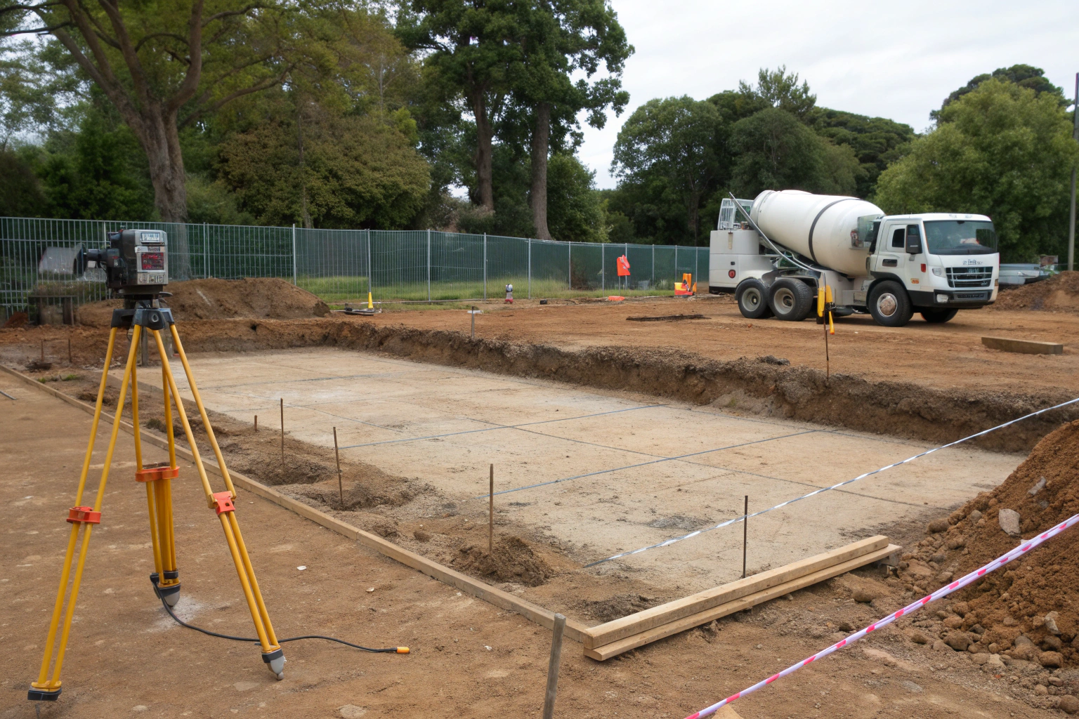 Excavated shed slab site showing compacted roadbase preparation