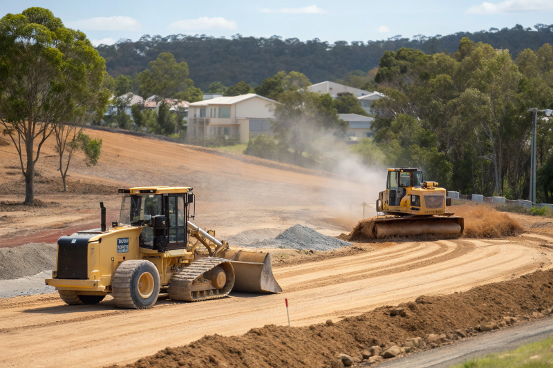 GPS-guided bulldozer and tracked excavator with hydraulic hammer performing precise site preparation work on Logan construction site