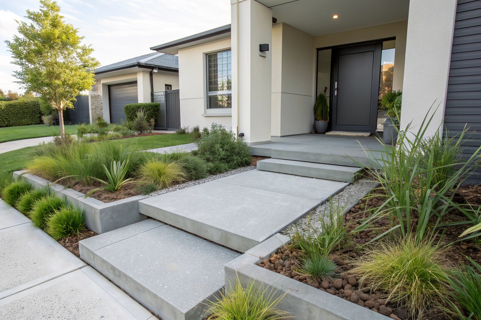 Professional concrete steps installation at modern Logan home entrance