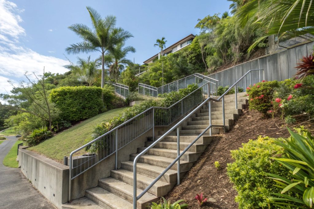 Multi-level concrete steps cascading down a steep Logan backyard
