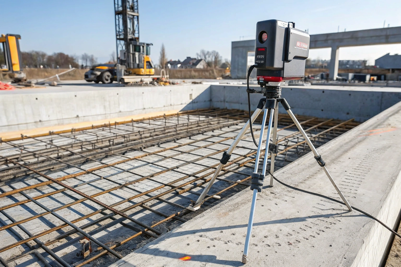 Concrete foundation under construction showing reinforcement