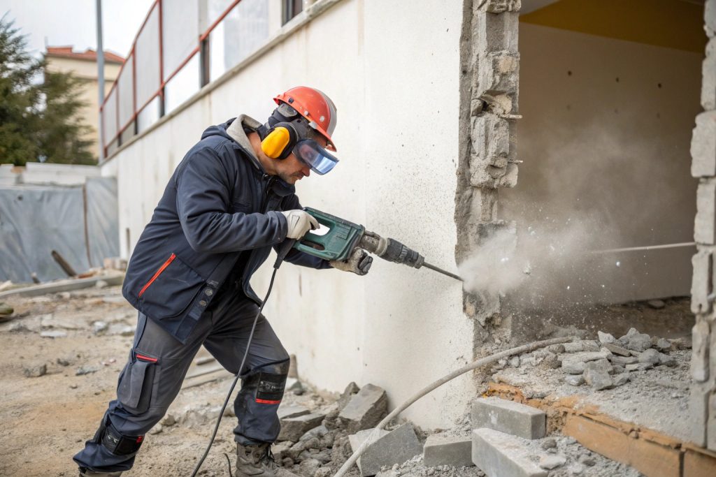 Worker using handheld concrete breaker to demolish concrete in Logan