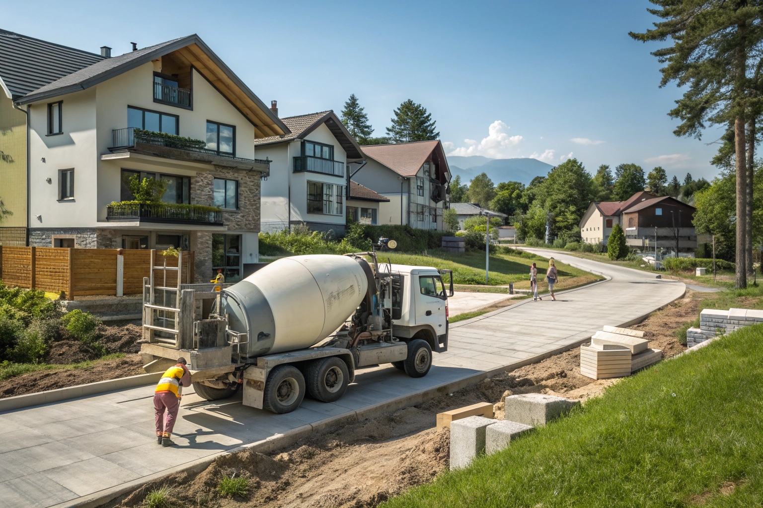 Ready mix concrete truck delivering fresh concrete to residential construction site in Logan