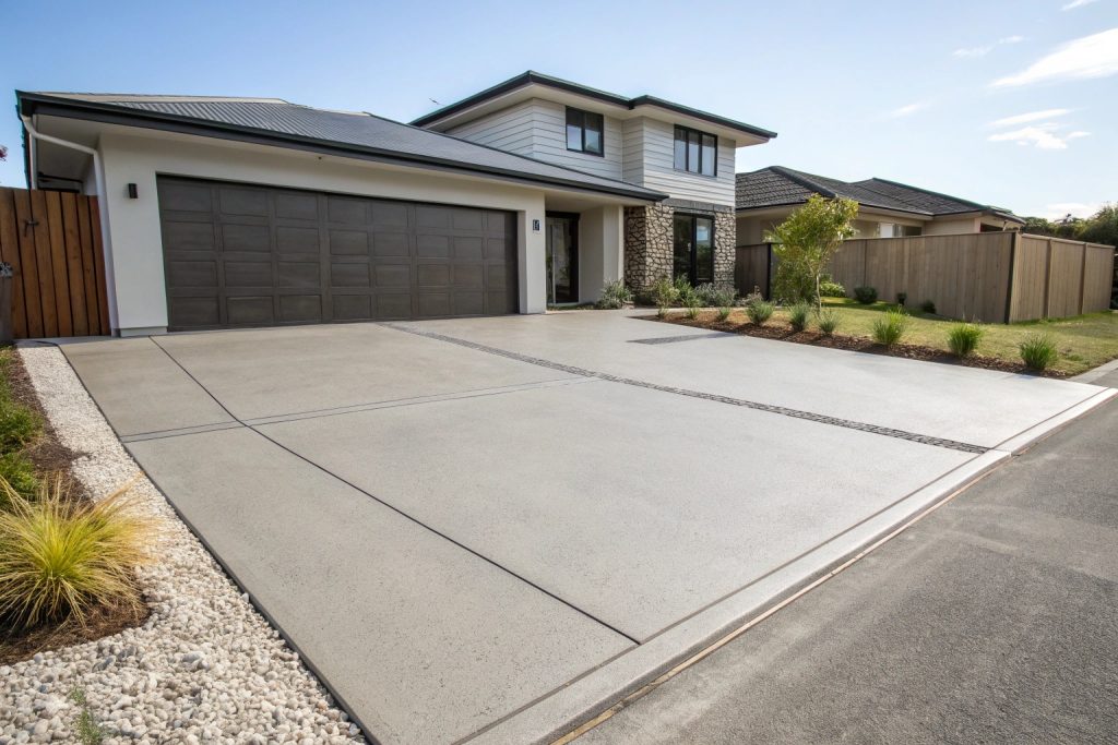 A finished smooth concrete driveway in Logan