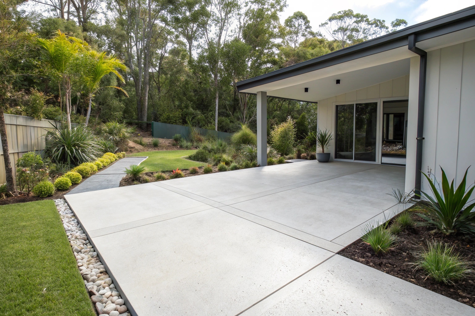Plain concrete patio slab installation in modern Logan home