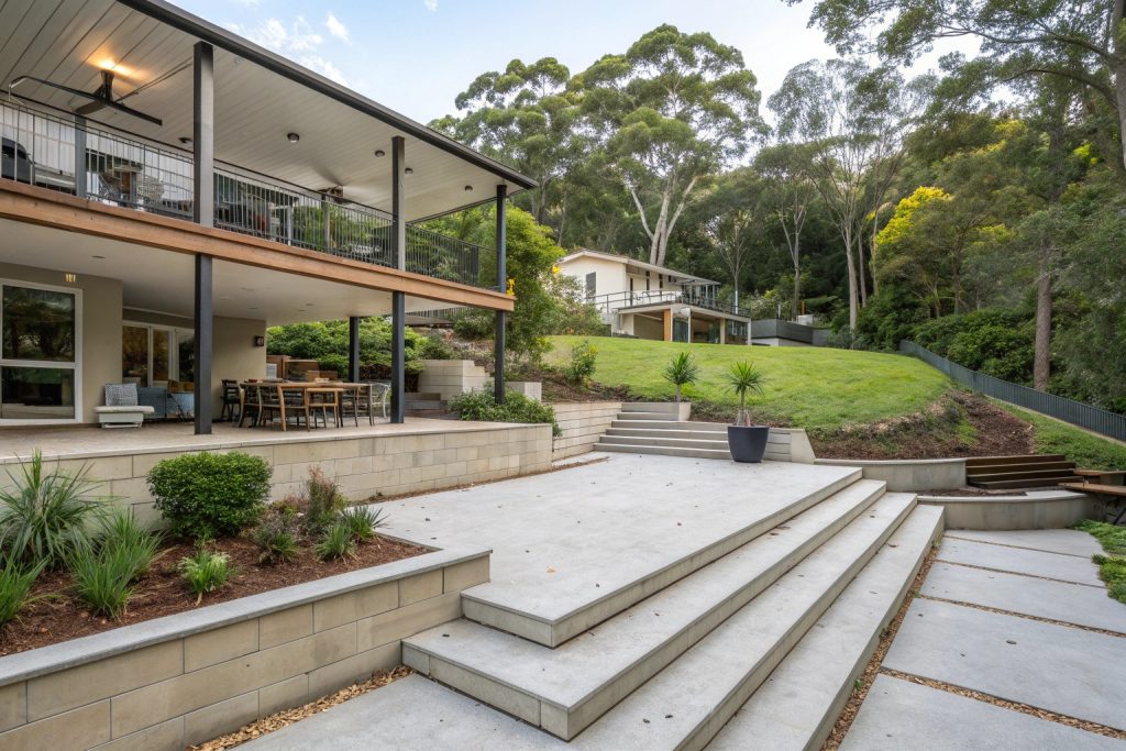 Spacious multi-level concrete patio on a sloping block