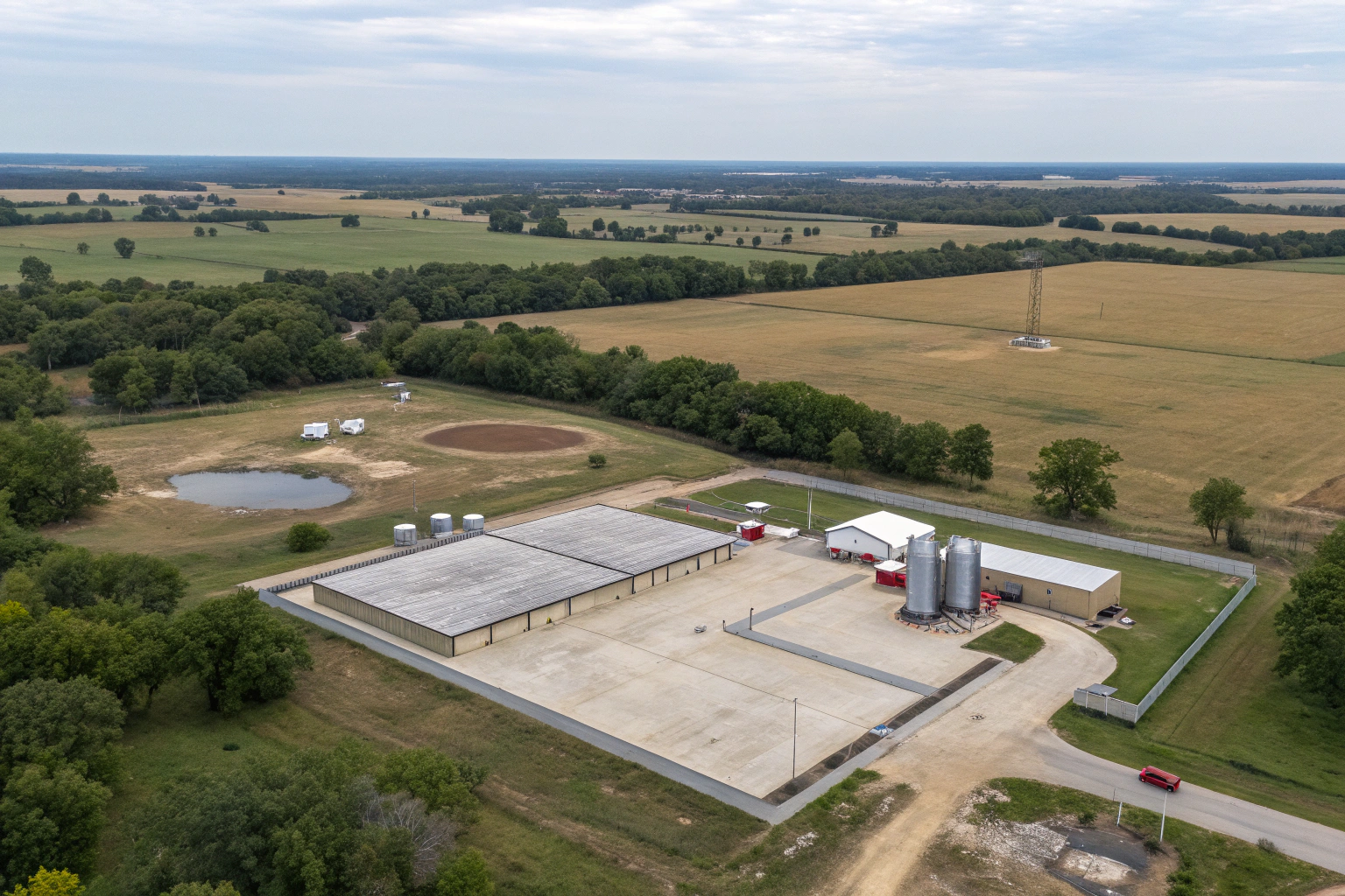 Multiple concrete pads on a rural acreage property