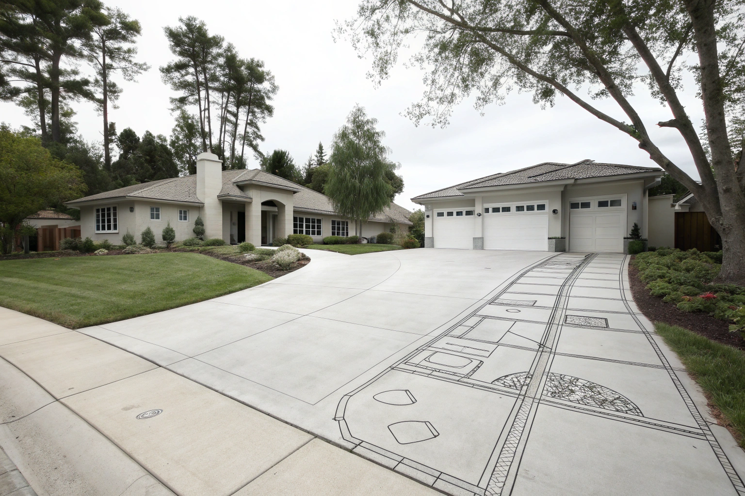 Architectural sketch of a modern residential driveway design