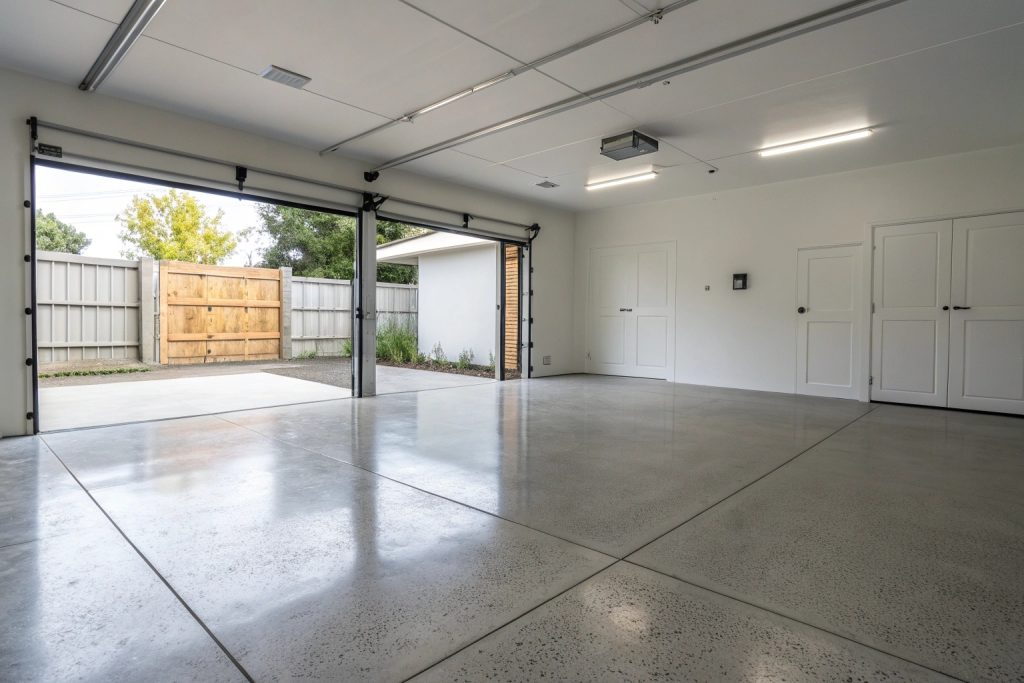 Clean empty garage interior showing freshly finished concrete slab