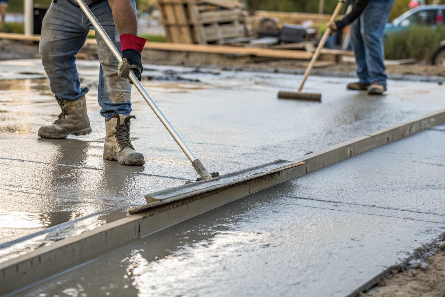 Fresh concrete being smoothed and finished during a patio slab pour