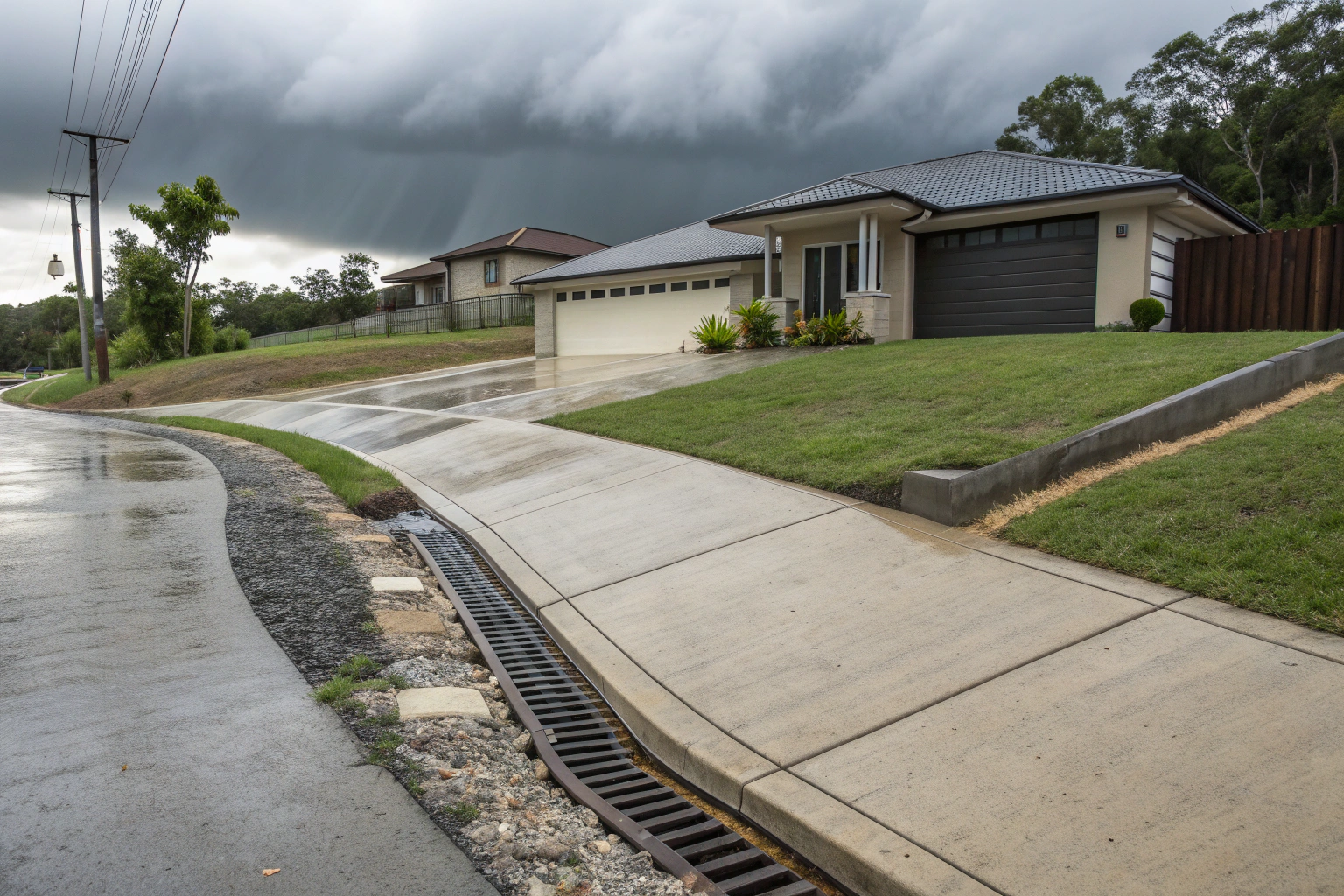 Concrete driveway during heavy Queensland rain showing drainage performance