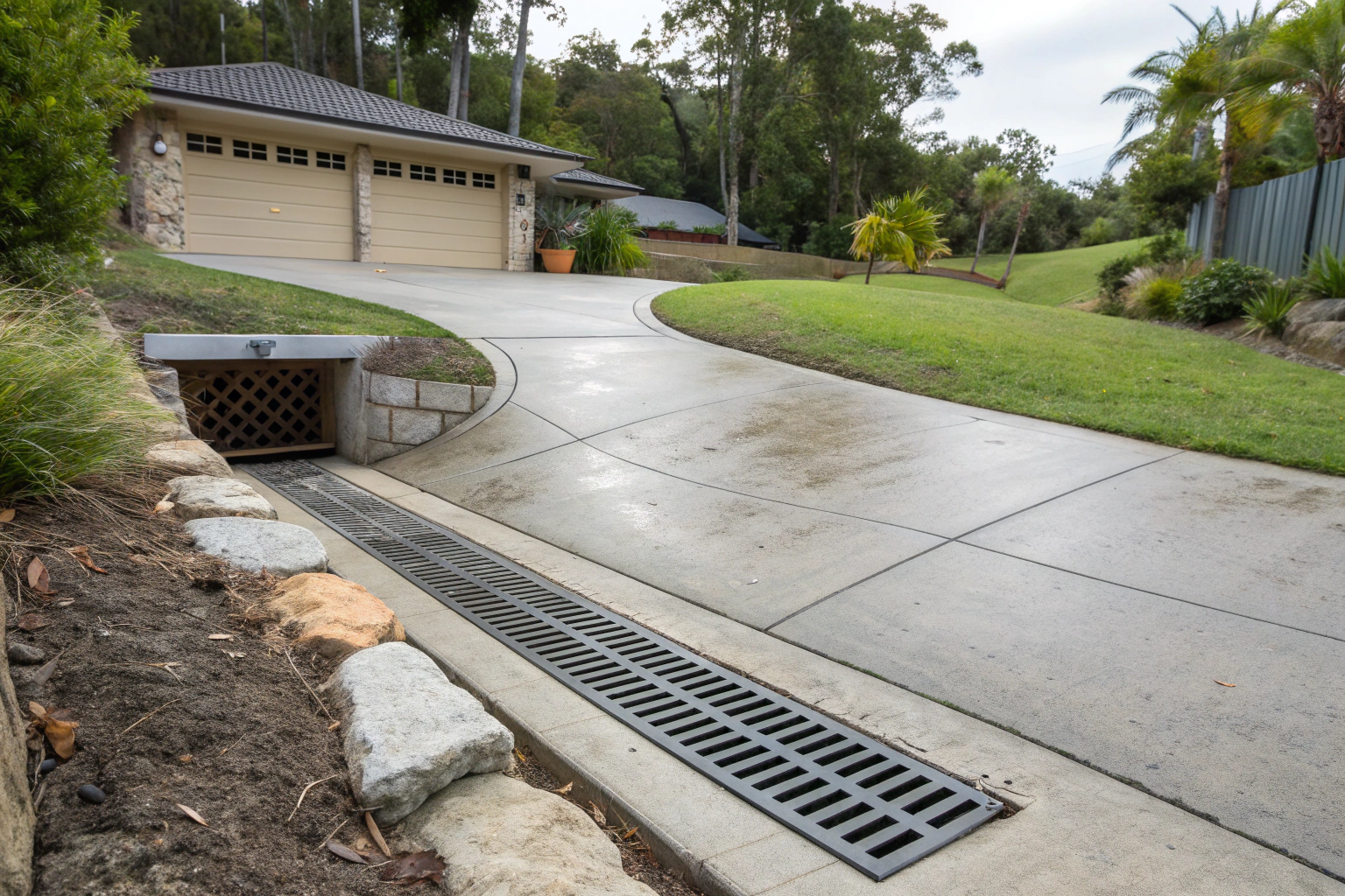 Concrete driveway with an integrated drainage channel