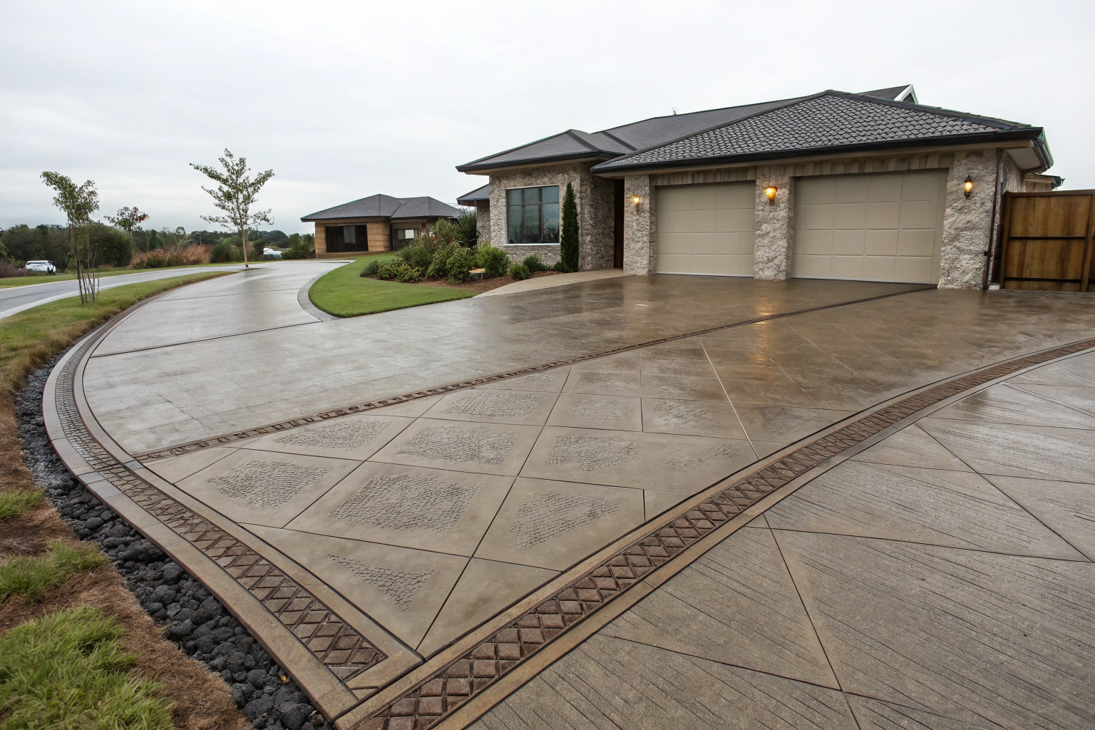 Concrete driveway with prominent broom finish texture