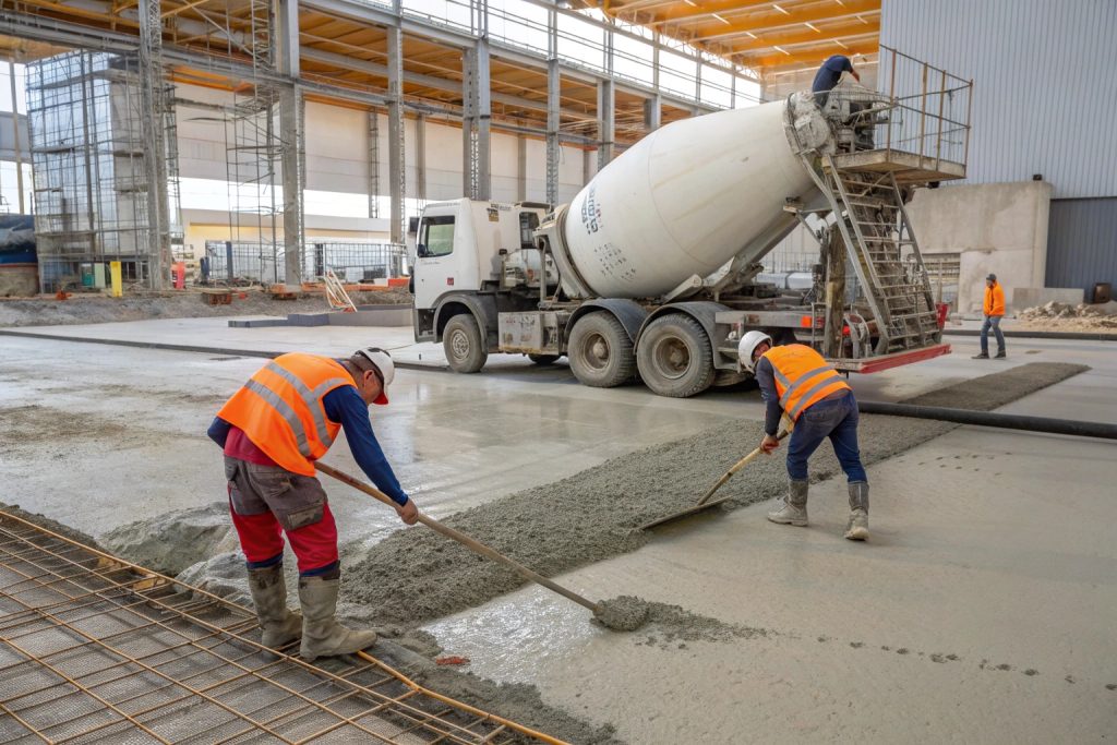 Concrete mixer truck pouring fresh bulk concrete for a custom formulation project