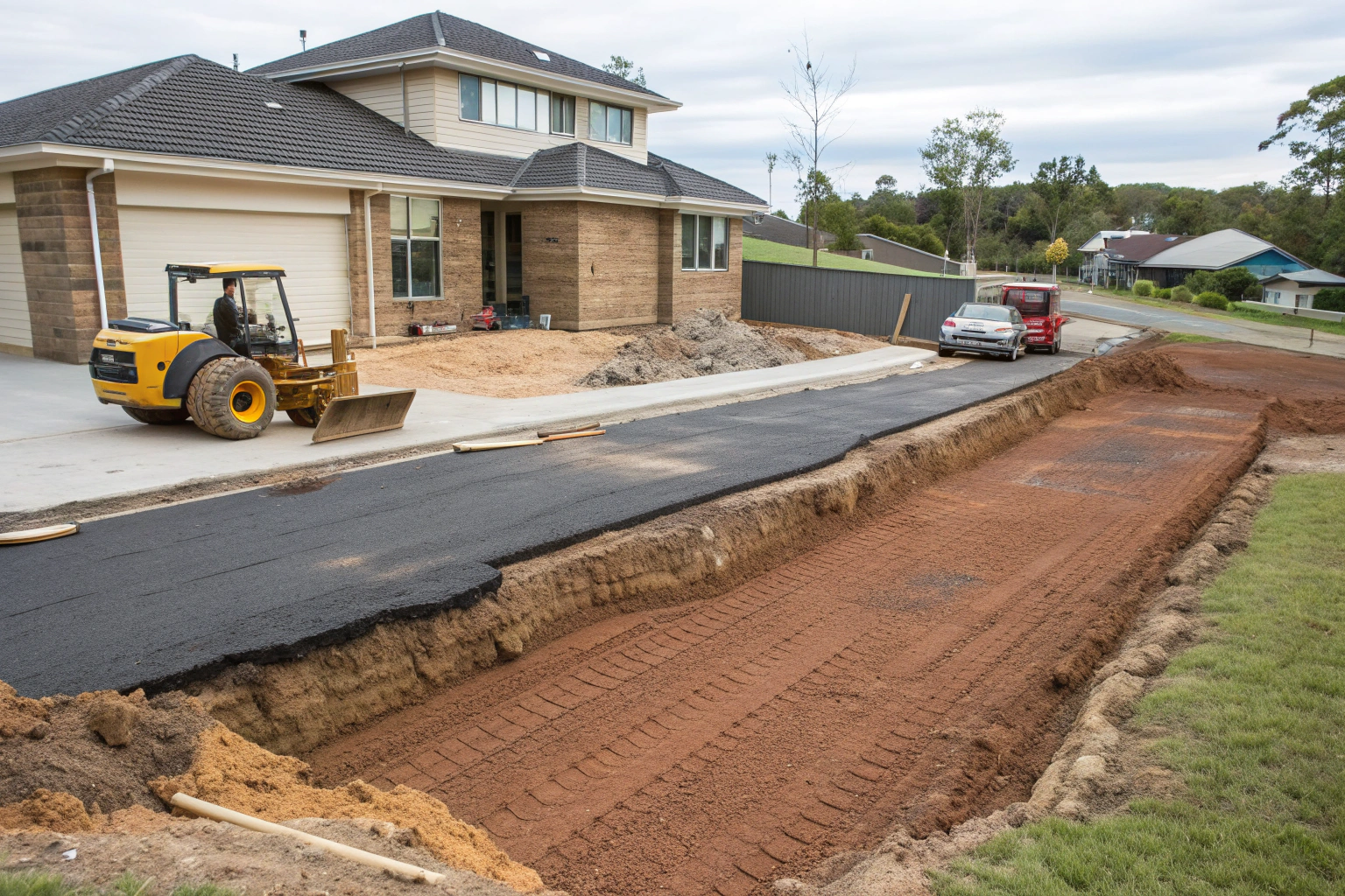 Construction site showing excavated clay soil for driveway base preparation