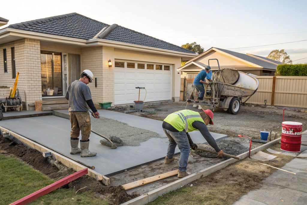 Construction workers pouring fresh concrete for a garage slab