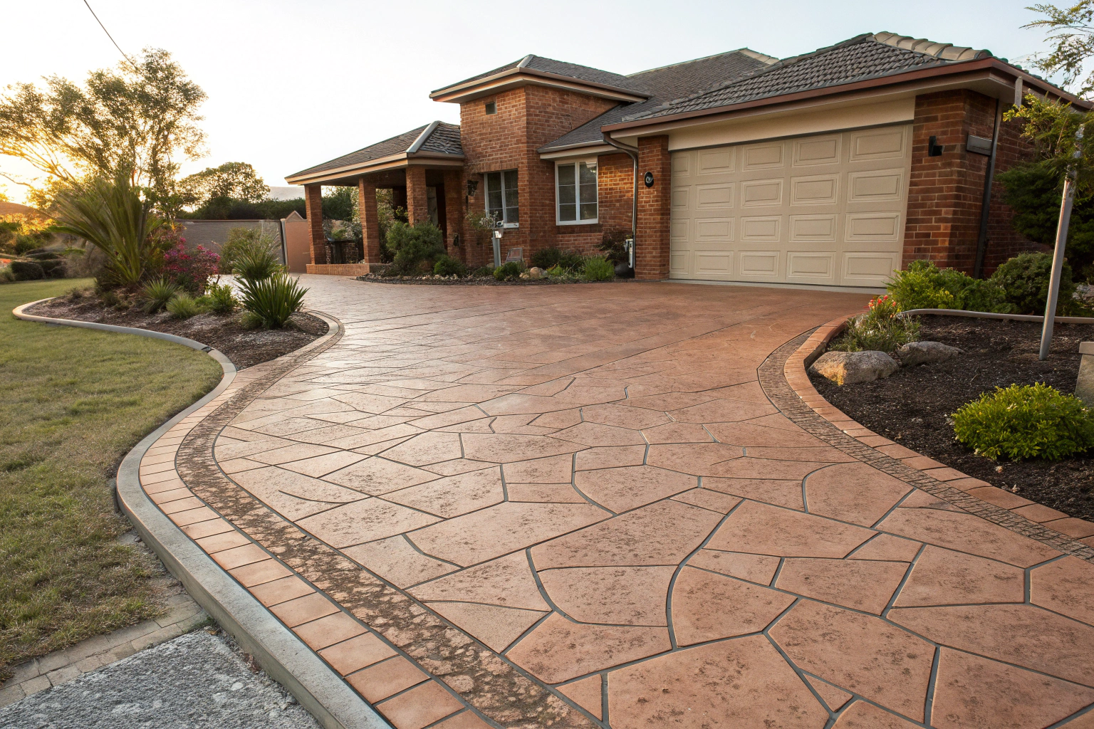 Decorative stamped concrete driveway with slate pattern