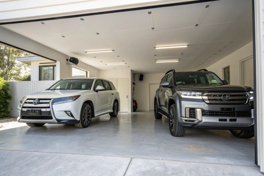 Family sedan and SUV safely parked side by side on a garage slab