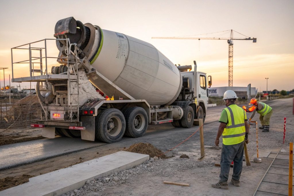 Concrete mixer truck pouring concrete at a commercial site