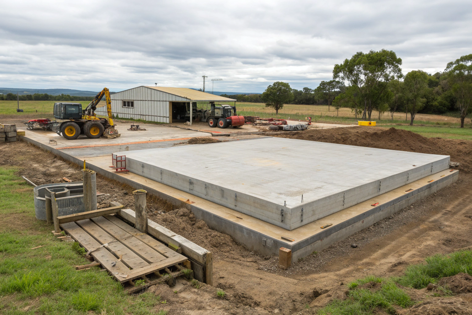 Concrete foundations for a machinery shed and workshop