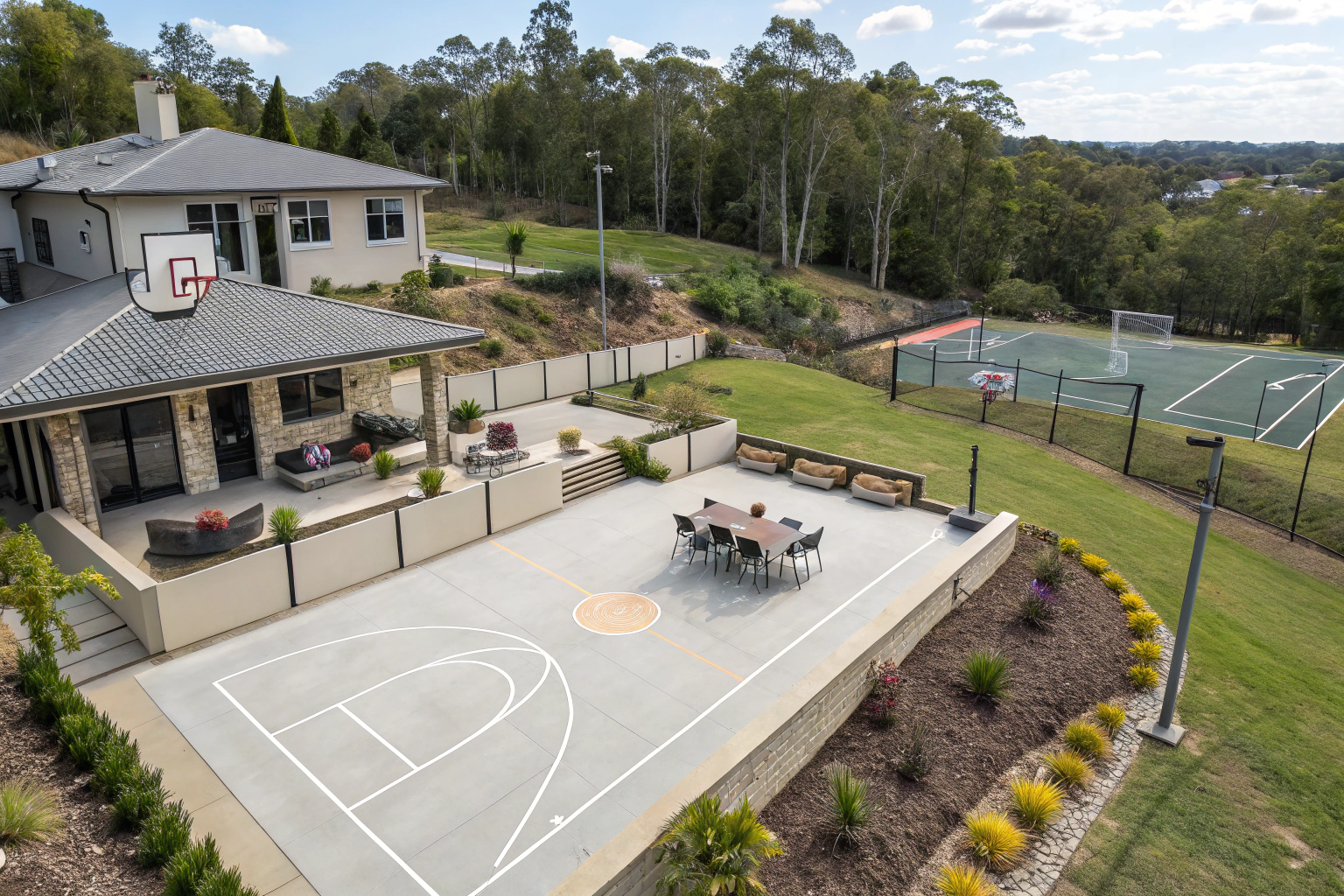 Modern Australian suburban backyard with concrete paving