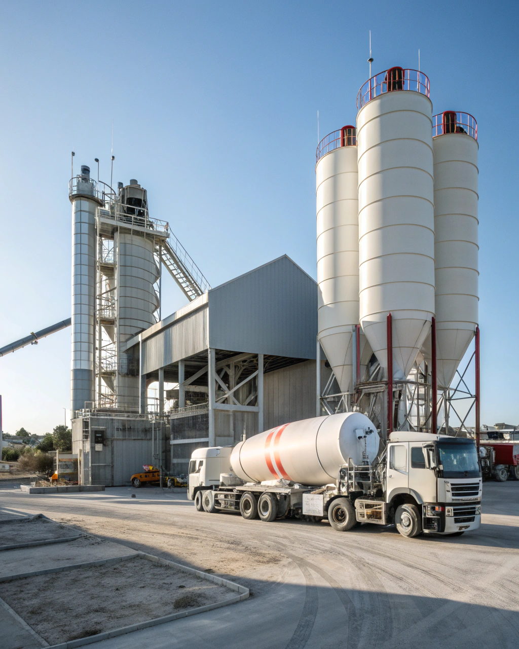 Modern concrete batching plant with storage silos