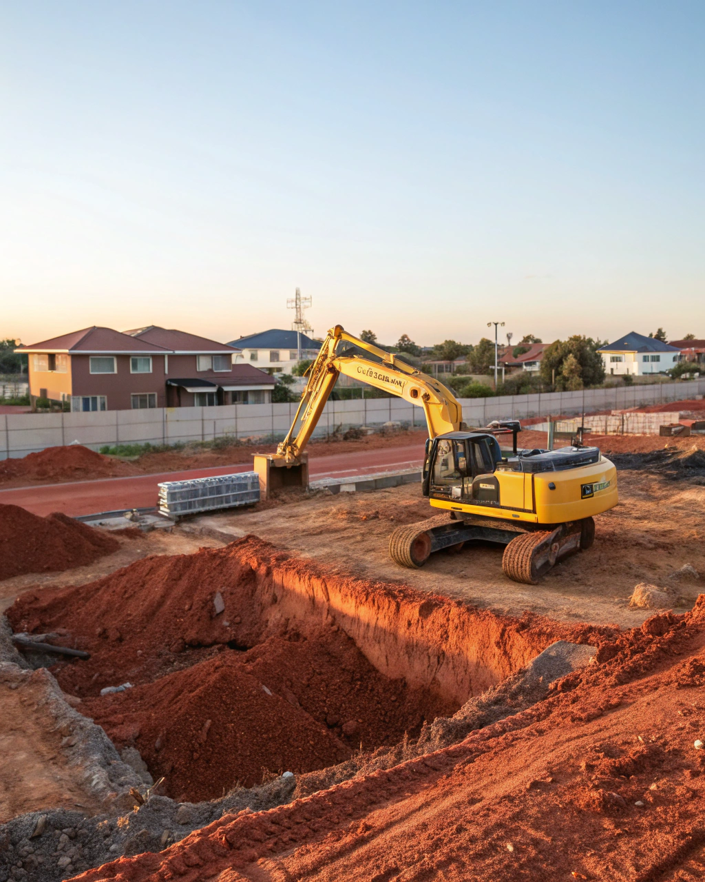 Excavator digging building foundations at a suburban construction site