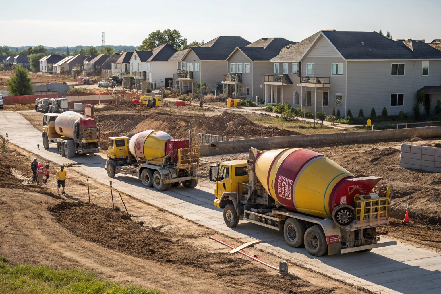Fleet of concrete mixer trucks ready for a large bulk supply delivery