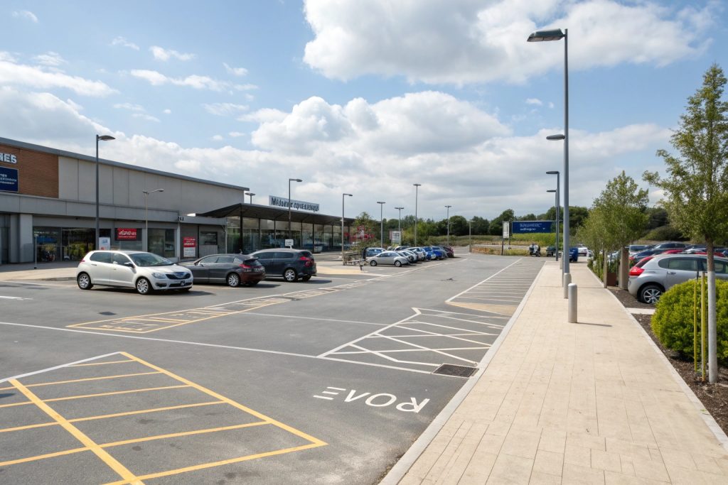 Shopping centre car park with clean concrete surface