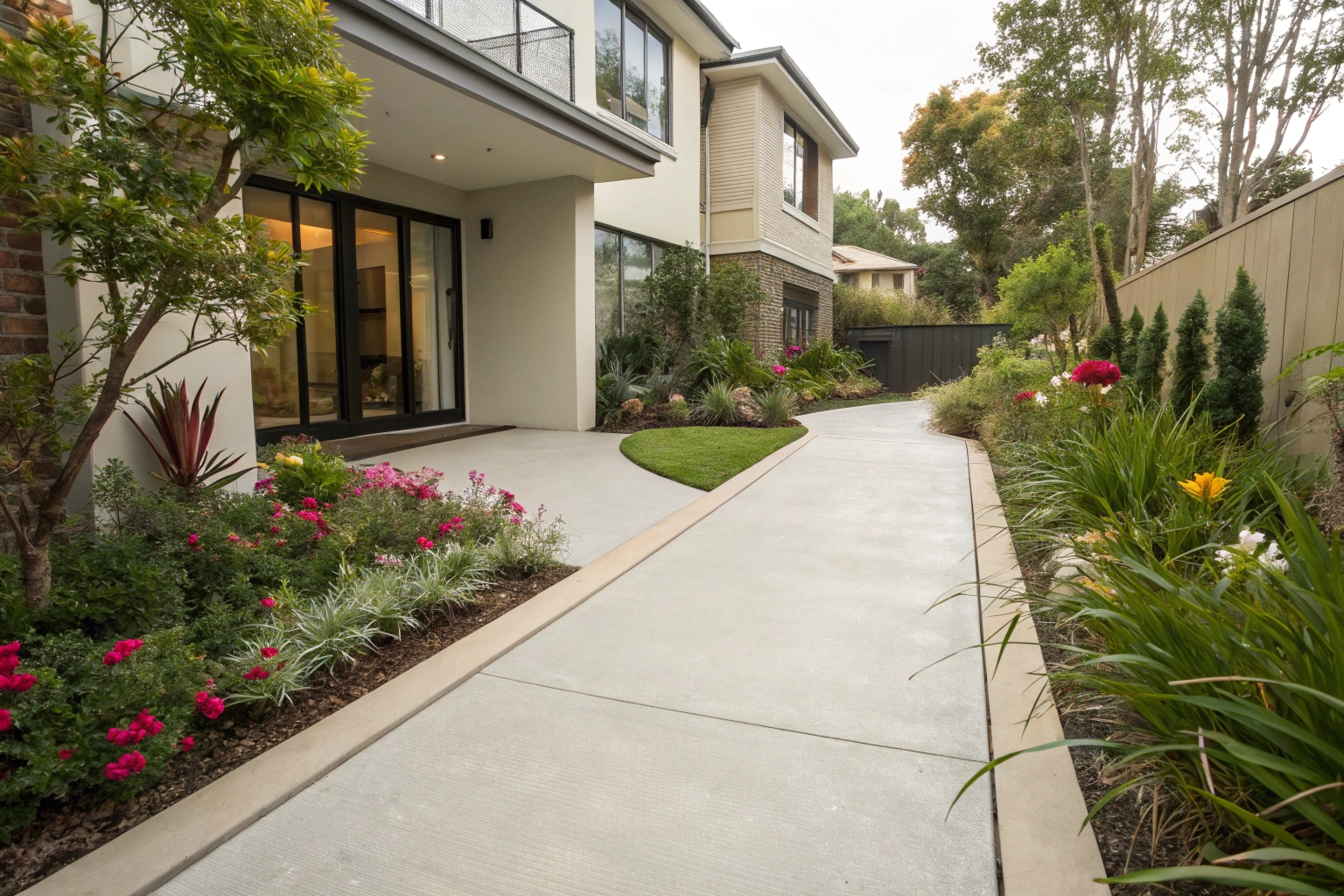 Smooth concrete pathway leading to a Macgregor townhouse entrance