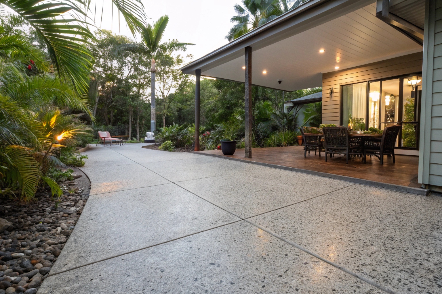A spacious concrete patio with exposed aggregate finish connected to the back of a renovated Robertson Brisbane home
