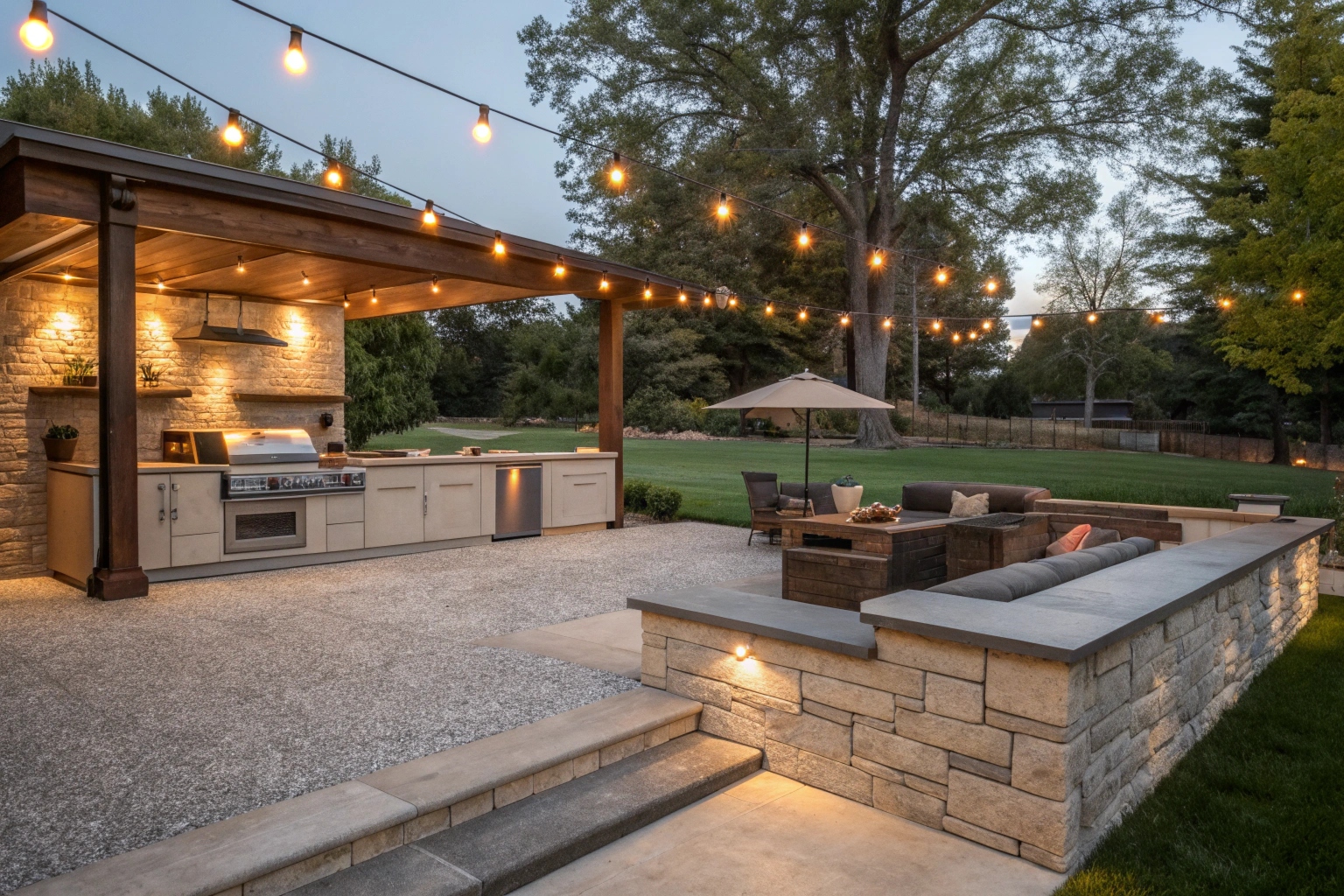 Contemporary outdoor entertainment area with a honed concrete finish
